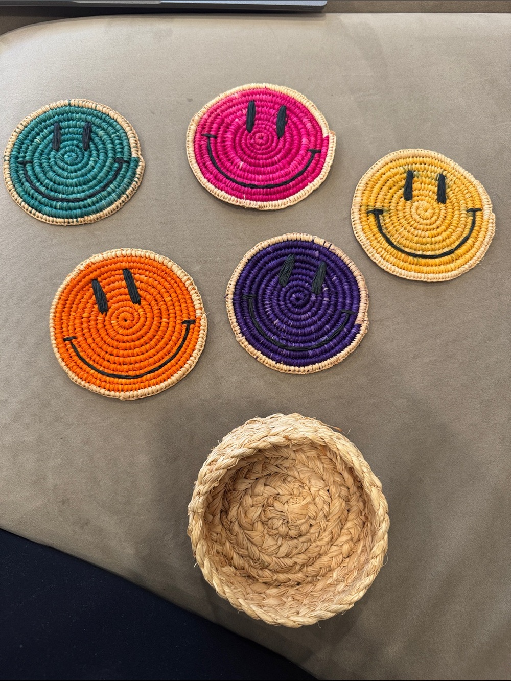 Handwoven Smiley Coaster Set in Pink, Orange, Yellow, Green, Purple